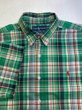 Ralph Lauren XXL Custom Fit Green Plaid Button-Down Shirt Red Pony 100% Cotton